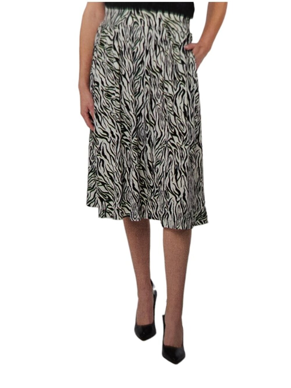 Leota Flare Zebra Pattern Pleated Stretch Pockets Midi Skirt New Black White S